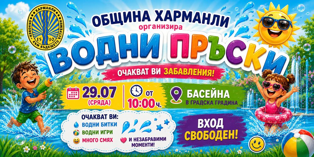 Безплатни „водни пръски“ в Харманли: общината кани деца на игри и водни битки